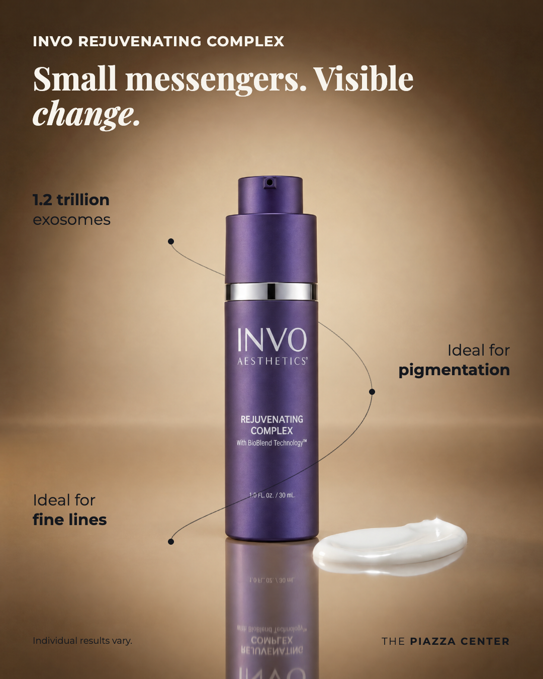 INVO Rejuvenating Complex 30 mL bottle with a serum swatch and callouts for fine lines and pigmentation