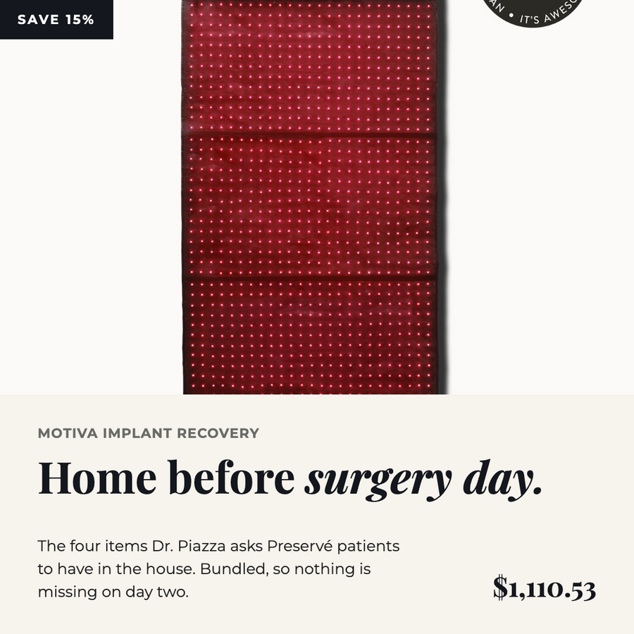 Motiva implant surgical recovery kit — HigherDOSE red light mat, Silagen scar gel, Stamets7 and arnica, Dr. Piazza, Austin TX
