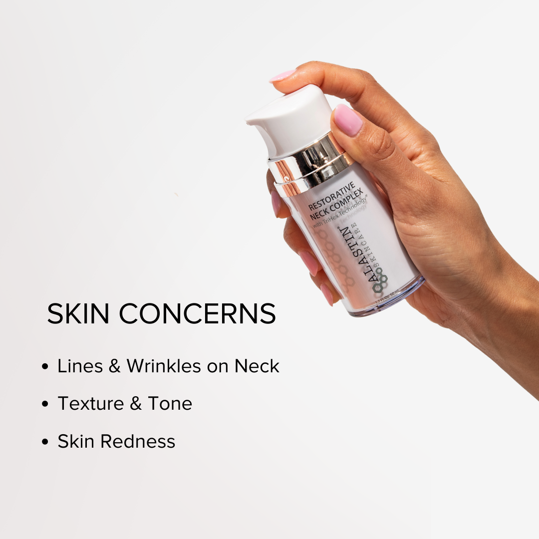 Benefits of Alastin Restorative Neck Complex for crepey skin, wrinkles and discoloration