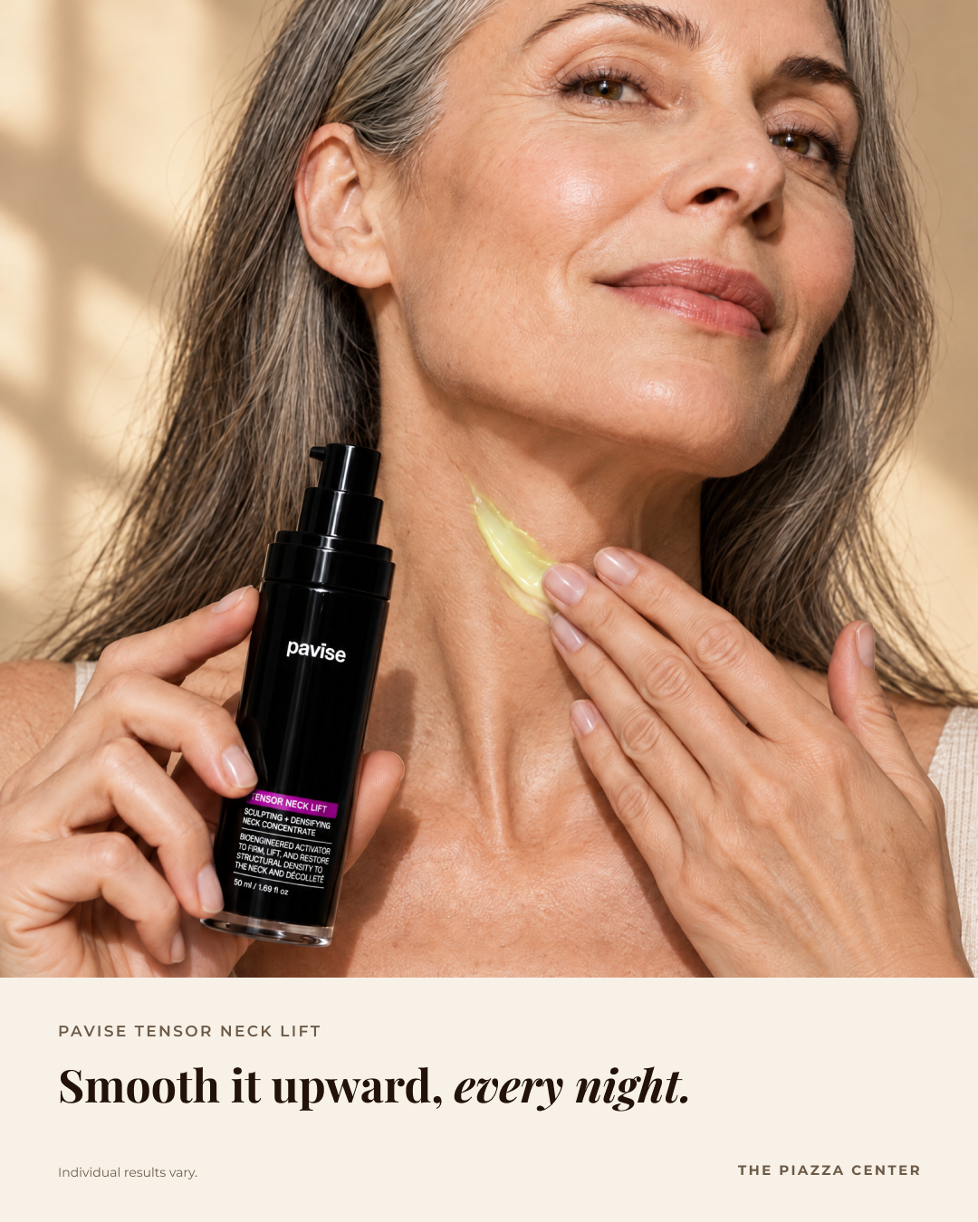 Woman smoothing yellow retinal Pavise Tensor Neck Lift cream upward on her neck