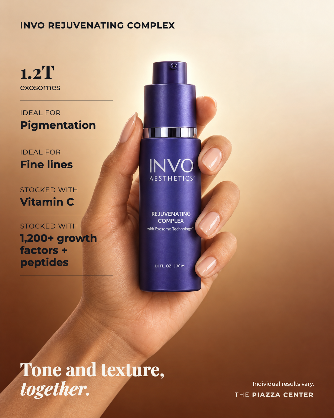 Hand holding the INVO Rejuvenating Complex 30 mL bottle beside its benefits: 1.2 trillion exosomes, vitamin C, 1,200+ growth factors and peptides