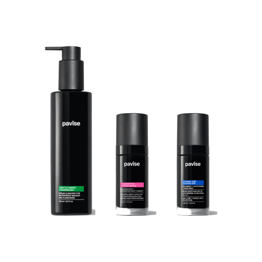 Pavise 3-Step Essential Kit — Gentle Amino Powerwash, Bioadaptive Stress Repair and Dynamic Age Defense SPF 30 on white