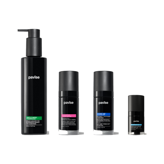 Pavise 4-Step Essential Kit — Powerwash, Bioadaptive Stress Repair, Dynamic Age Defense SPF 30 and Precision Eye Lift on white