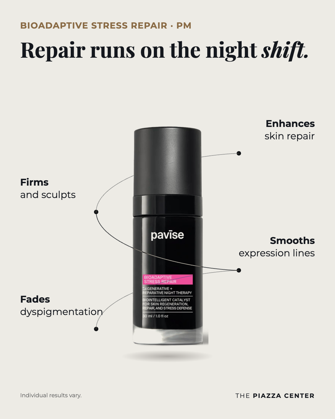 Pavise Bioadaptive Stress Repair regenerative night serum, 30 ml, with benefit callouts: enhances skin repair, firms and sculpts, smooths expression lines, fades dyspigmentation