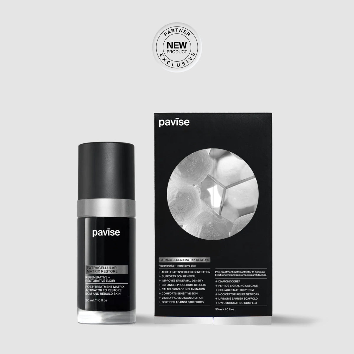 Pavise Extracellular Matrix Restore 30ml serum bottle and carton, included in Dr. Piazza's CO2 laser and Halo recovery kit