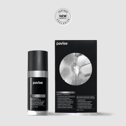 Pavise Extracellular Matrix Restore 30ml serum bottle and carton, included in Dr. Piazza's CO2 laser and Halo recovery kit