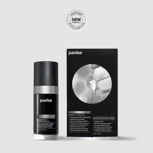 Pavise Extracellular Matrix Restore 30ml serum bottle and carton, included in Dr. Piazza's CO2 laser and Halo recovery kit